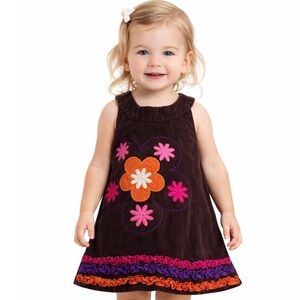 Emily Rose Brown Corduroy Sleeveless Ruffle Floral Embroidered Dress
